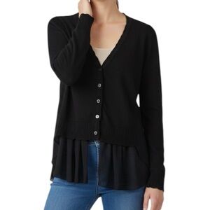 Knitted And Knotted By Anthropologie Elegant Black V-Neck Ruffle Cardigan Size S